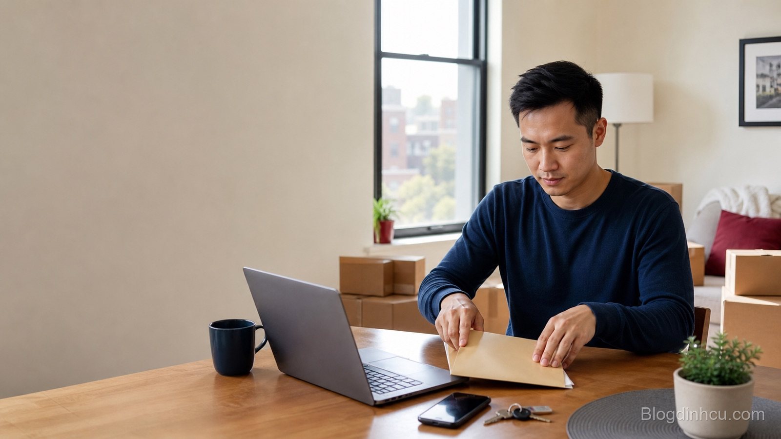 Người Việt mới đến Mỹ sắp xếp giấy tờ và vật dụng trong căn hộ mới