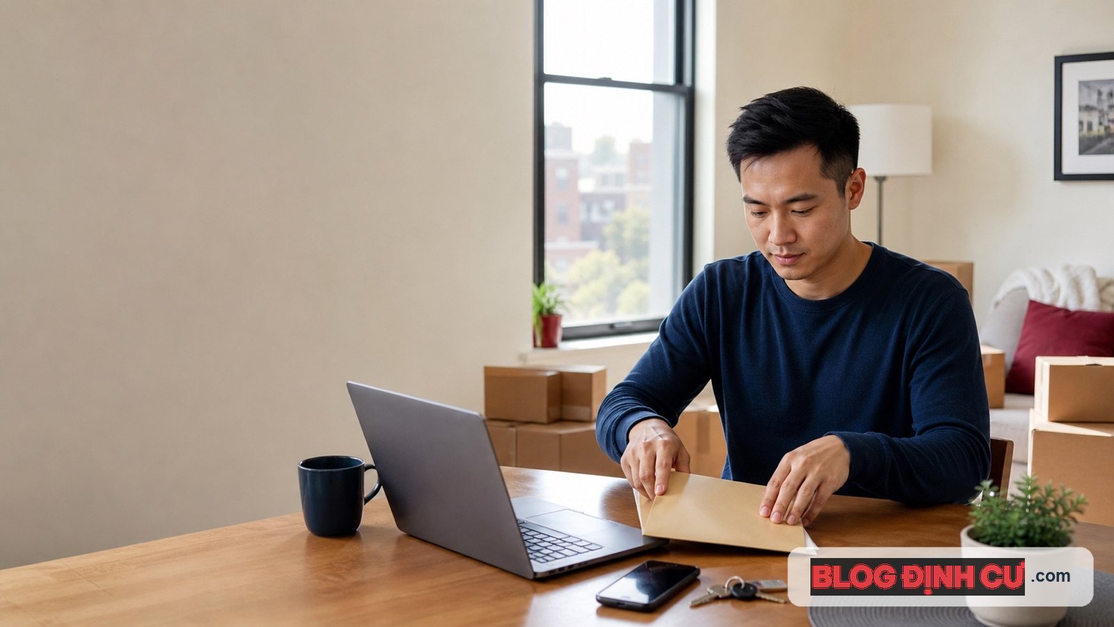 Người Việt mới đến Mỹ sắp xếp giấy tờ và vật dụng trong căn hộ mới
